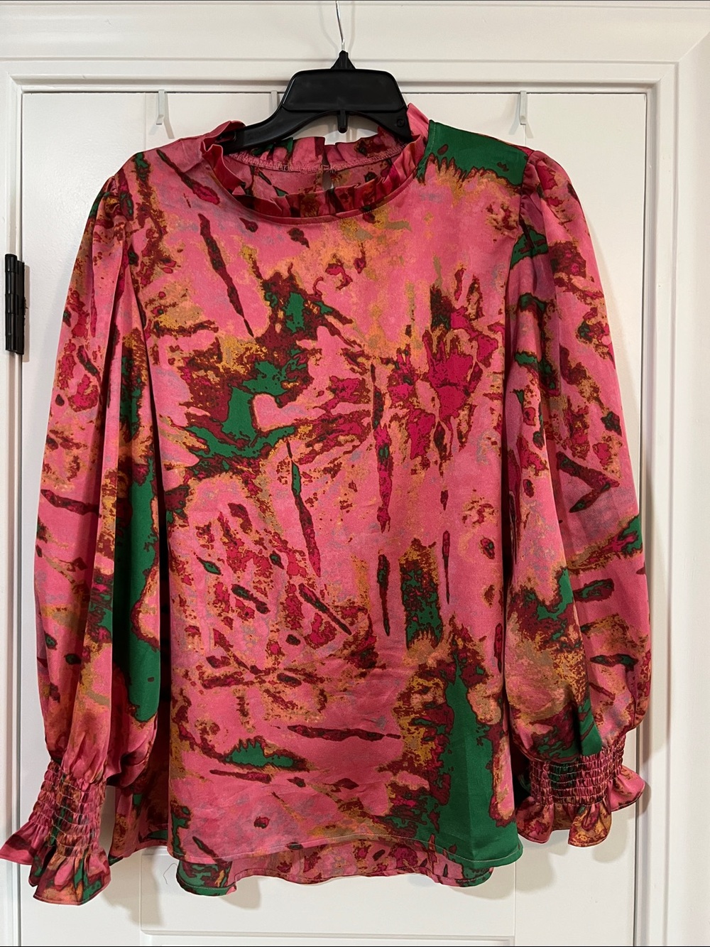 Abstract Pink and Green Long-Sleeve Blouse